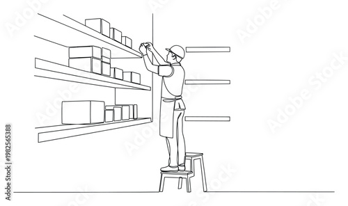 Stockroom worker in hard hat stocking boxes on high shelves while standing on a step stool, ideal for business and retail concepts