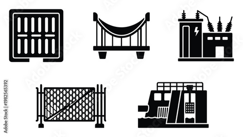 Vector icons of essential infrastructure drain, bridge, power substation, gate, and dam, suitable for engineering, urban planning, and public works graphical applications