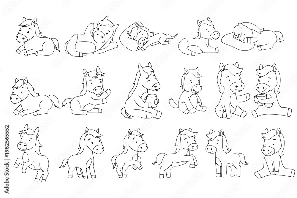 Obraz premium Set of doodles horse animal different gesture and activity. horse character