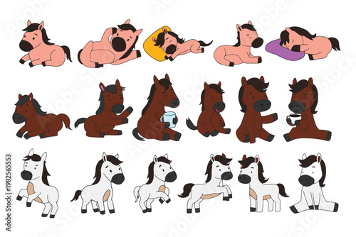 Dynamic set of adorable cartoon horse characters in a variety of poses and actions, illustrating diverse movements and expressions from sleeping to playful standing, perfect for children's content