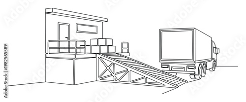 Outline drawing of a logistics hub with a semitrailer truck backing up to a loading dock ramp for package delivery and freight transport operations