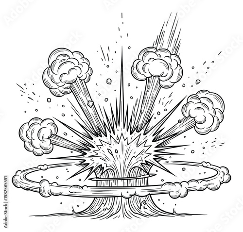 Dynamic comic book style explosion with a powerful blast and rising smoke clouds, perfect for action packed graphic novel layouts or video game visual effects