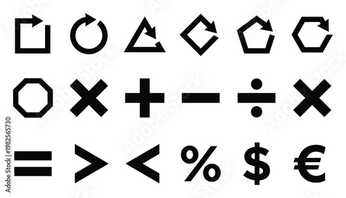 Essential graphic symbols featuring diverse refresh and rotation icons, fundamental mathematical operators, and global currency signs, ideal for digital interfaces, educational content, and