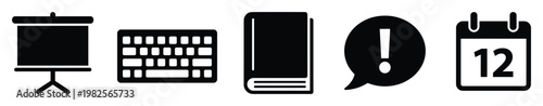 Essential black glyph icons set featuring presentation screen keyboard book speech bubble with exclamation mark and calendar for various digital and print projects requiring clear visual