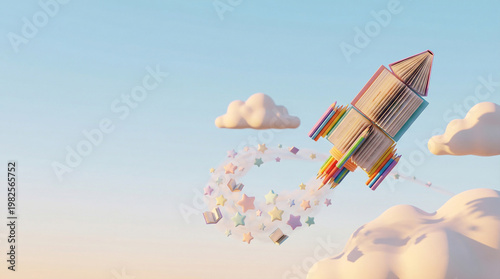 Creative rocket ship made of open books flying through clouds and stars in blue sky for World Day Against Child Labour to represent education and freedom concept.
