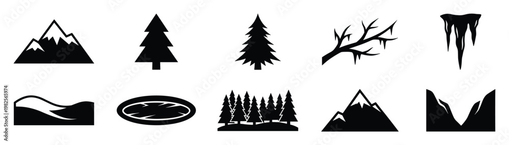 Obraz premium Collection of black nature and winter silhouettes featuring mountains, trees, icicles, and diverse landscapes, perfect for creating outdoor adventure themed graphics and seasonal projects