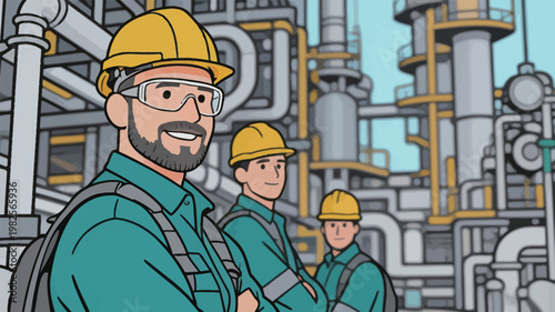Industrial Workers in Refinery Plant with Safety Gear