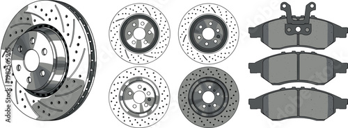 Car Brake Rotor and Pad Set with Detailed Friction Surface and Mounting Components for Automotive and Mechanic Designs