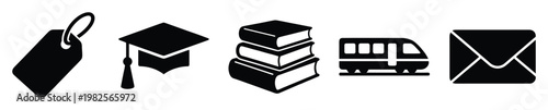 Versatile collection of silhouette icons representing price tag graduation cap stacked books train and envelope ideal for diverse digital and print media projects