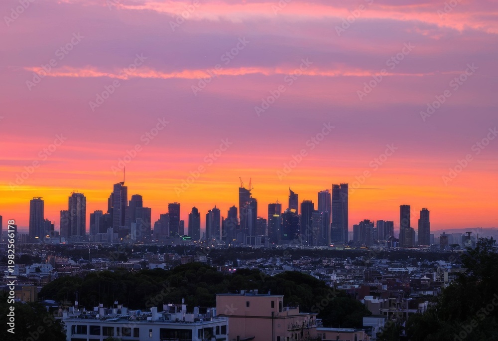 Fototapeta premium City skyline and skyscrapers silhouetted against a pink sunset