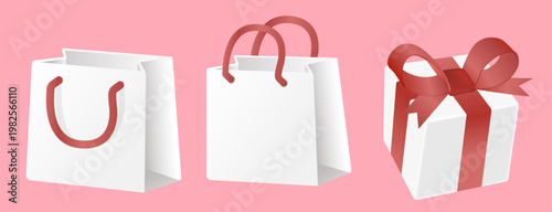 白いショッピングバッグと赤いリボン付きギフトボックスのセット・セールやプレゼントシーンに使える立体アイコン素材
