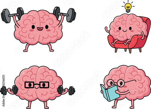 Cartoon Brain Set with Fitness, Reading, and Creative Thinking Illustrations for Educational, Health, and Motivation Themes