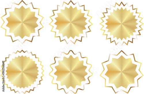 高級感あふれる金色ギザギザバッジとシールのデザインセット｜認証マーク・セールラベルに最適な光沢エンブレム素材