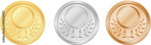 金銀銅の高級感ある円形メダルエンブレムセット｜表彰・ランキング・受賞アイコンに使えるクラシック装飾デザイン