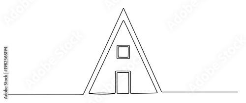Continuous single line drawing of a minimalist Aframe house with a window and door, symbolizing shelter, ideal for architectural design, real estate promotions, or home decor concepts