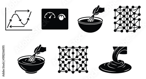 Diverse set of black silhouette icons depicting scientific graphs, measurement gauges, molecular lattice structures, and cooking processes for technology, chemistry, and culinary themed