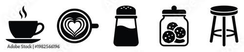 Curated set of essential cafe and kitchen icons depicting a hot steaming coffee cup, artistic latte art heart, seasoning shaker, full cookie jar, and versatile stool for graphic assets and
