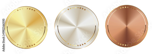 金銀銅の質感をリアルに表現した円形メダルセット、ランキングや表彰デザインに使える高級感ある3色バッジ素材