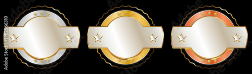 リボン装飾付きの高級感あるメダルバッジデザインセット、金銀銅カラーで表現した表彰や認定に使えるエンブレム素材