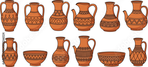 Illustration Set of Ancient Vases and Pottery with Geometric Patterns and Handles