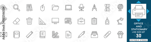 Office and stationery line icon set featuring workplace, supplies, school, pencil, paper, desk, and business. Professional editable vector illustration.

