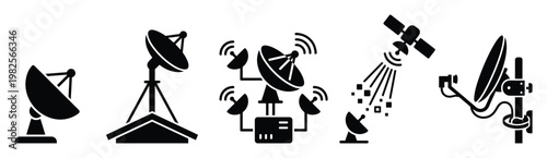 Collection of satellite dishes and communication antennas depicting global data transmission and telecommunication networks suitable for technology icons and digital graphics