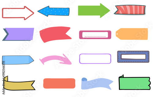 ナビゲーションやバナー制作に使える多彩な矢印とリボンとラベルのカラフルセット、UIデザインや広告に最適な装飾パーツ集