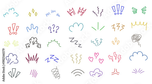 手描きの感情表現や装飾に使えるシンプルでカラフルなラインアイコン集、漫画やSNSデザインに最適な記号・エフェクト素材セット
