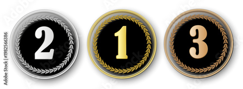 黒背景に映える1位2位3位の順位メダルセット、金銀銅カラーで表現したランキングや表彰に最適な高級デザイン素材