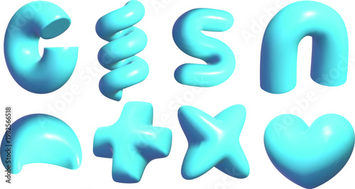 光沢のあるパステルカラーの立体ジェル風オブジェクトセット（アルファベット・記号・ハート・星）やわらか質感の抽象3Dアイコン素材
