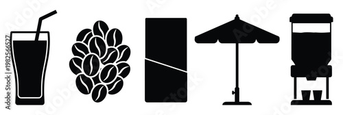 Essential cafe and refreshment items including a glass with straw, coffee beans, menu board, patio umbrella, and drink dispenser perfect for restaurant service and outdoor hospitality