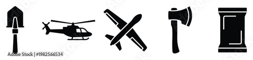 Black silhouette icons portraying outdoor survival equipment and transport shovel helicopter airplanes axe and a supply pack useful for graphic and web design projects