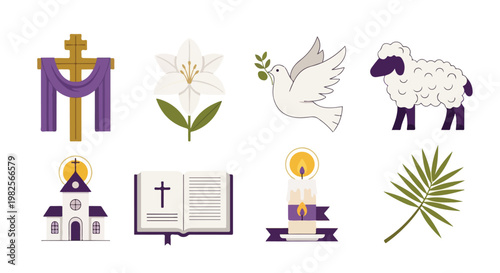 A set of eight colorful flat design illustrations depicting essential Christian religious symbols and Easter traditions.