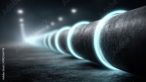 Energy Conduit: A futuristic view of a series of cylindrical structures, each emitting a radiant energy ring. The perspective draws the viewer in along a pathway.