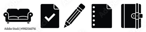 Essential icon set featuring a comfortable sofa, a verified document, a writing pencil, a practical notepad, and a secure wallet, ideal for web, application, and graphic design projects