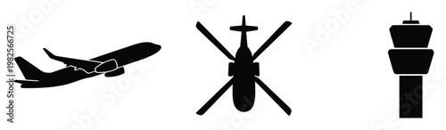 Essential airport and air travel symbols including a passenger airplane, helicopter, and air traffic control tower, ideal for transportation safety signage and informational designs.