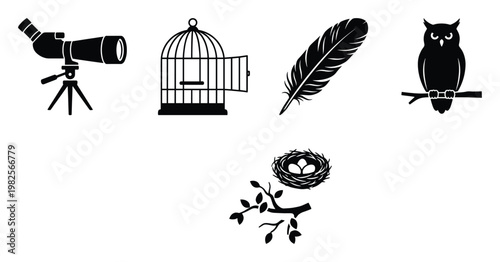 Essential birdwatching equipment and wildlife elements including a spotting scope, open bird cage, feather, owl on a branch, and a bird nest with eggs, perfect for educational materials or