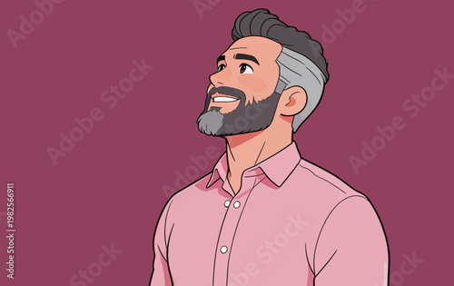 Handsome Bearded Man in Pink Shirt Looking Up
