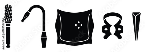 A comprehensive set of essential dental instruments and tools including a bur, saliva ejector, rubber dam, clamp, and wedge, depicted as black silhouettes for use in educational resources,