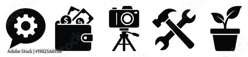 Collection of diverse business and hobby related vector icons including settings, finance, photography, maintenance and growth symbols suitable for web graphics and app interfaces