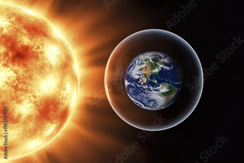 earth protected inside bubble sphere from solar wind in space. Magnetic field protection