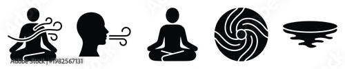 Diverse collection of spiritual and wellness icons depicting meditation breathwork energy vortex and ethereal dissolving shapes perfect for graphic design templates and mental health