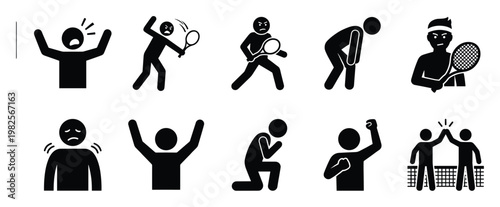 Collection of stick figures showing tennis player emotions from anger, frustration, and sadness to determination and celebration, perfect for sports psychology presentations and