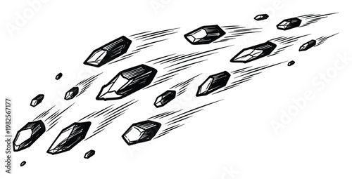 Dynamic black and white line drawing depicting sharp geometric crystal objects or cosmic meteorites rushing with speed lines, ideal for action game graphics, intense scifi themes, or comic