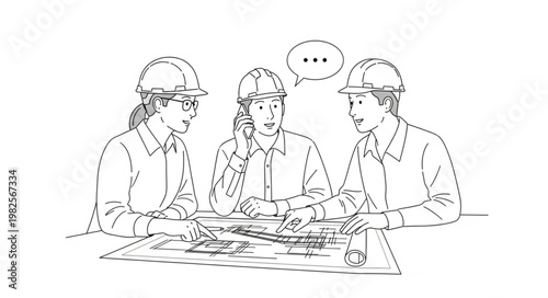 Three construction workers in hard hats discussing blueprints at a table.
