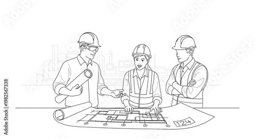 Three construction workers discussing blueprints at a table.