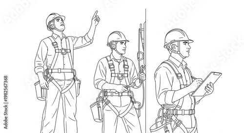 Three construction workers in safety gear, one pointing upwards.