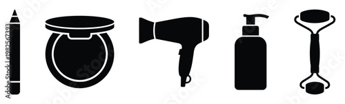 Collection of essential personal care and cosmetic tools for daily beauty routines, perfect for spa, salon, or wellness themed graphic design projects and digital interfaces