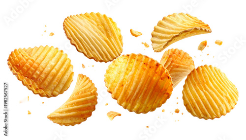 Crispy ridged potato chips and crumbs float dynamically against a clean white background. Available in transparent background.