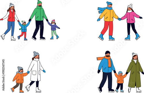 Families ice skating in winter park parents and children skating together seasonal outdoor activity hand drawn vector illustration set